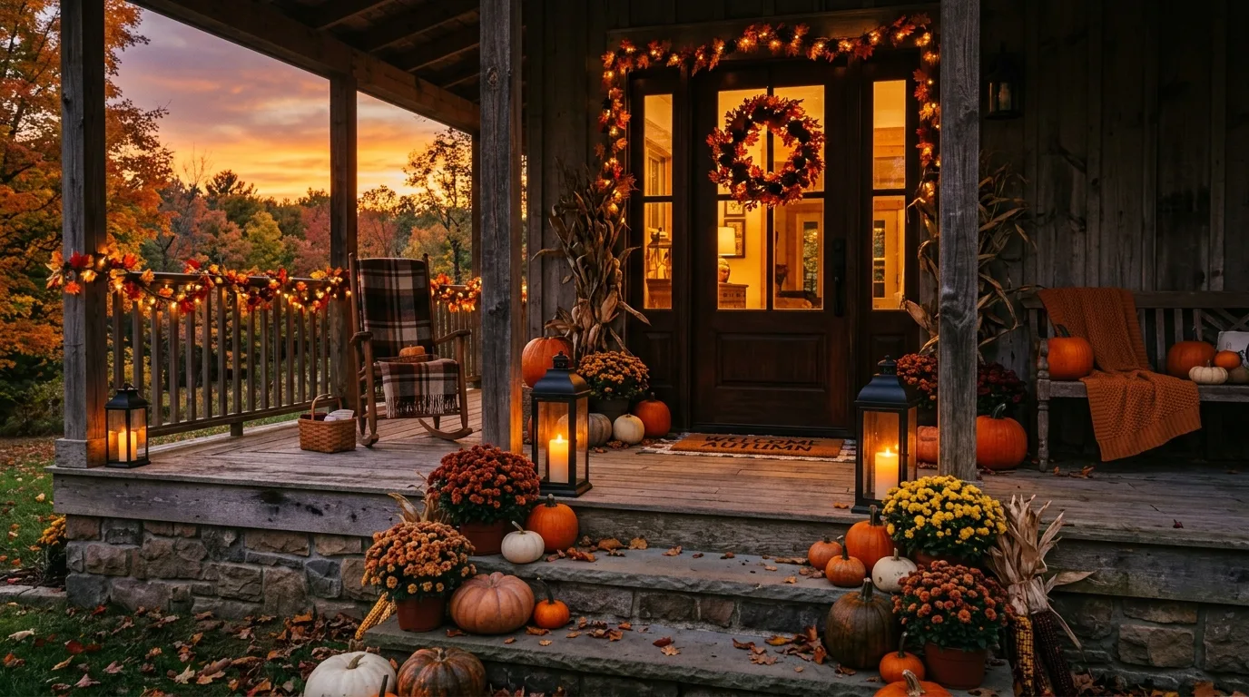 Let a bench or chair support the display naturally inspiration for a fall porch.